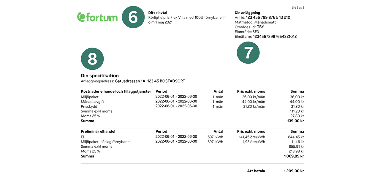 Skärmdump av en elfaktura från Fortum