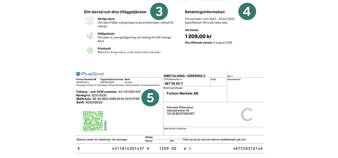 Skärmdump av elräkning från Fortum som visar betalningsinformation